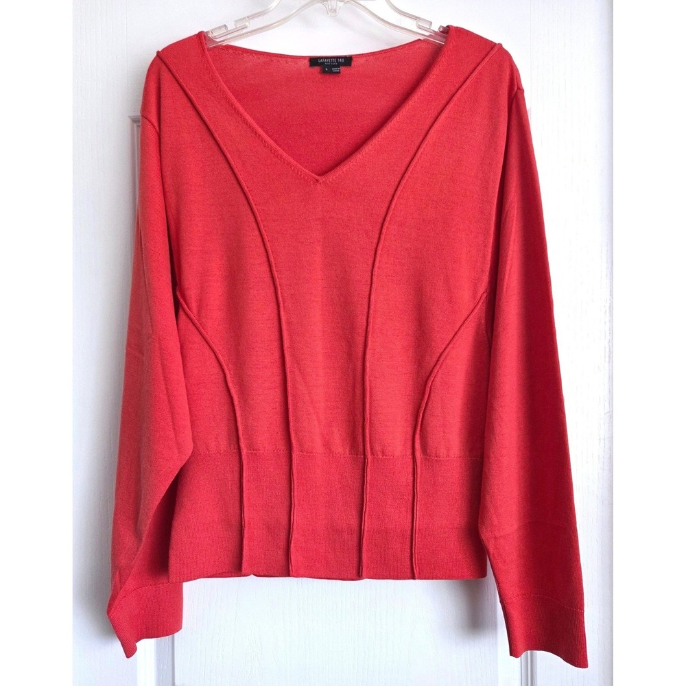 Lafayette 148 NY Red Wool Silk Blend V-Neck Seamed Dolman Sweater Size‎ L